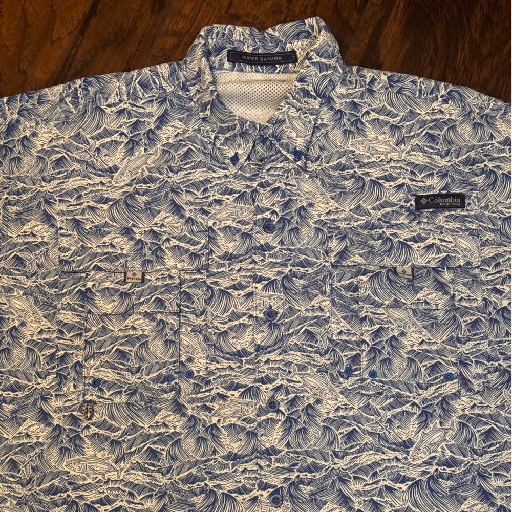Columbia PFG Super Bahama Shirt Mens Large Fishing Floral Nylon Blue Button Up - Picture 2 of 11